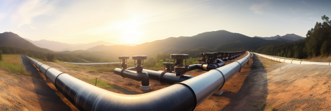 A panoramic image of a vast network of pipelines stretching across a scenic landscape, highlighting the vital role of gas and pipeline engineering in energy distribution and emphasizing the importance of efficient and reliable infrastructure